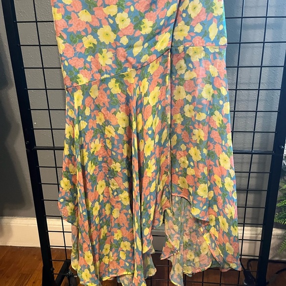 AMUR Pastel Floral Midi Dress. Jayla patchwork floral silk asymmetrical lined - Picture 9 of 13